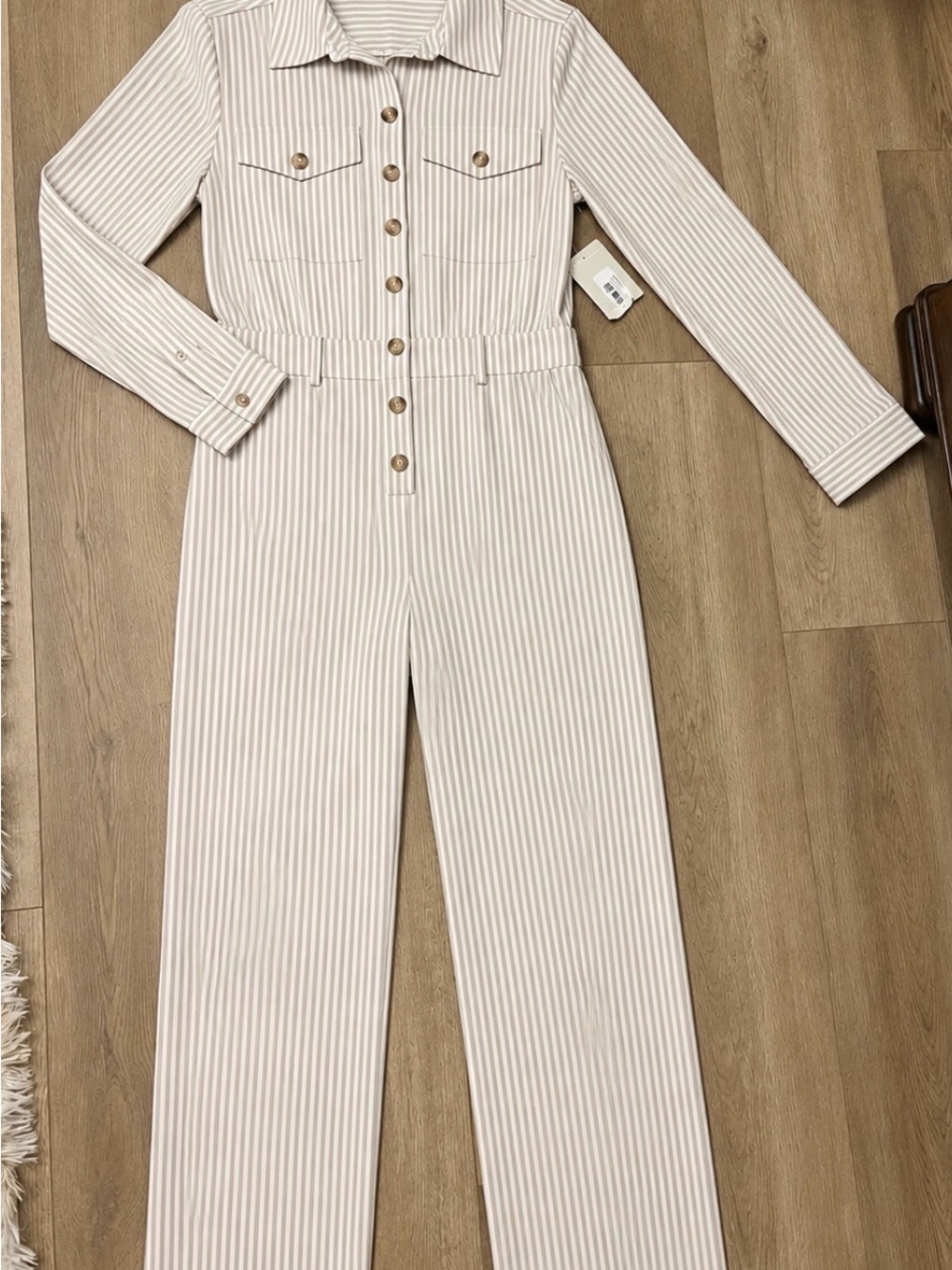 Together Cream & White Striped Button-Front Straight-Leg Jumpsuit